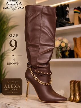 Brown Tall Stiletto Boot with Gold Chain Detail